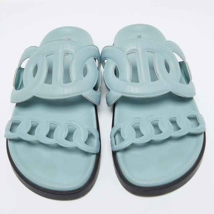 Pre Owned Hermes Light Blue Leather Extra Flat Sandals Size 39
