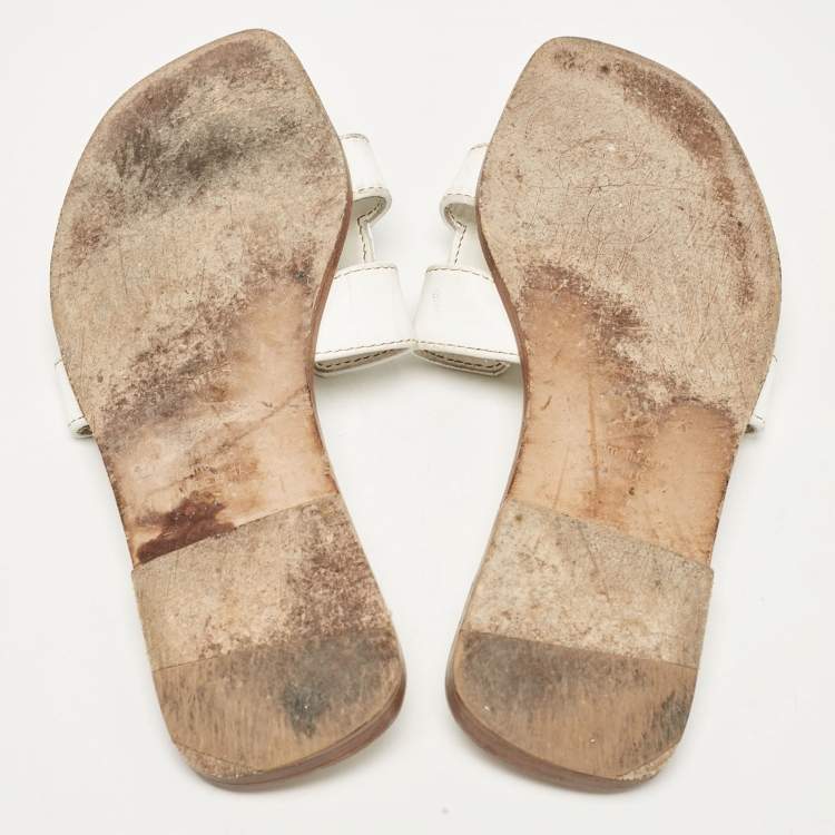 Pre Owned Hermes White Leather Oran Flat Slides Size 37.5