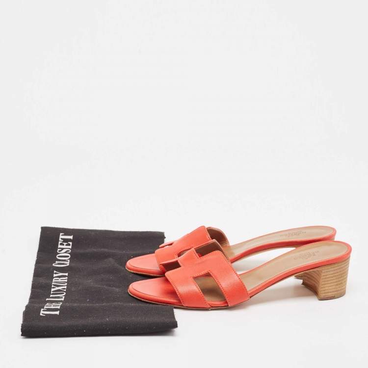 Pre Owned Hermes Red Leather Oasis Slide Sandals Size 37