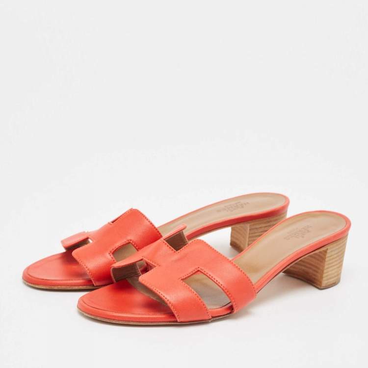 Pre Owned Hermes Red Leather Oasis Slide Sandals Size 37