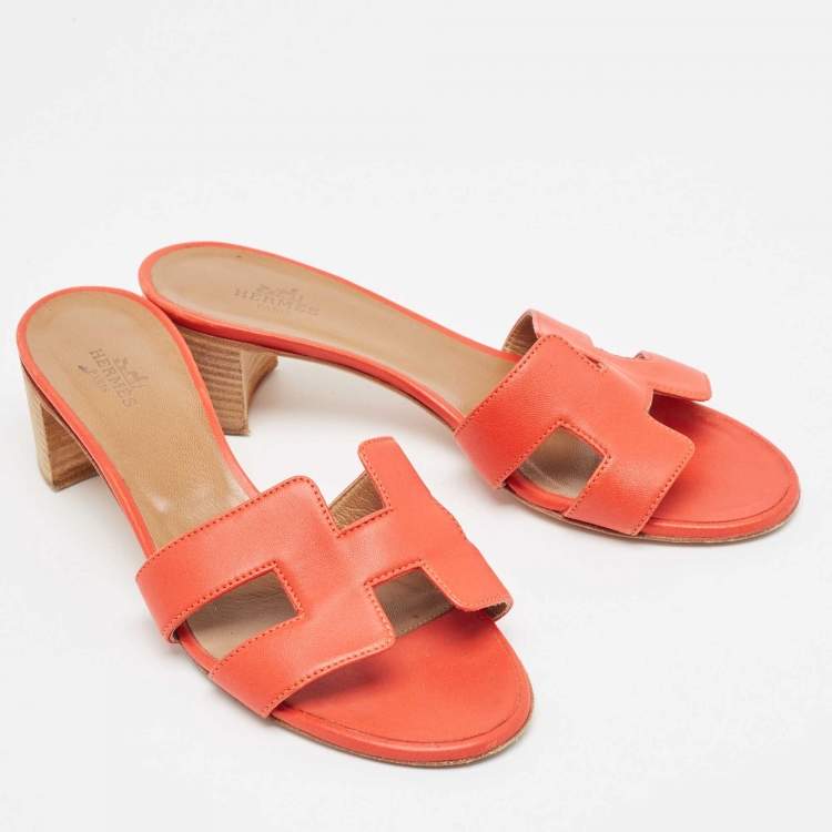 Pre Owned Hermes Red Leather Oasis Slide Sandals Size 37
