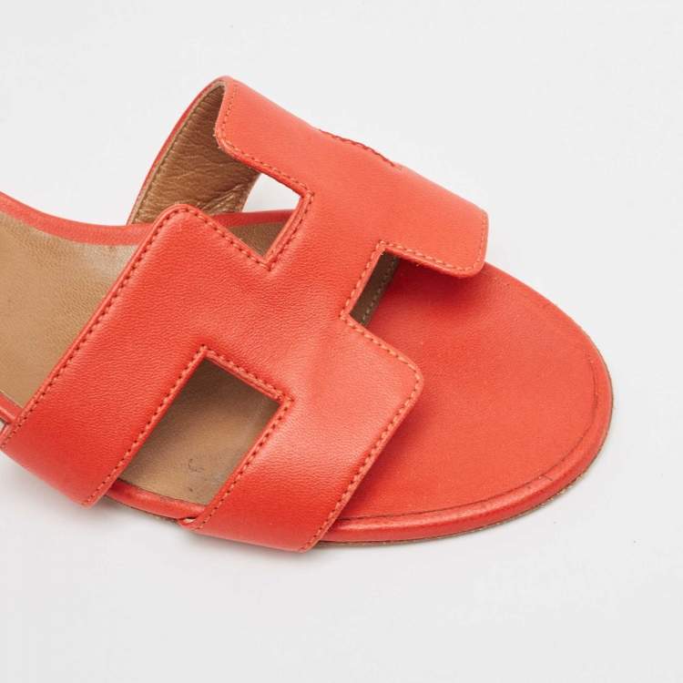 Pre Owned Hermes Red Leather Oasis Slide Sandals Size 37