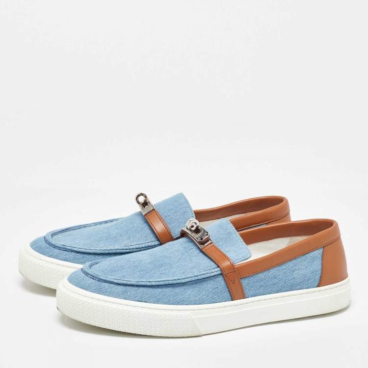 Pre Owned Hermes Blue/Brown Denim and Leather Game Slip on Sneakers Size 40