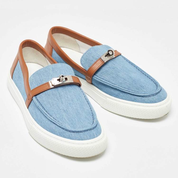 Pre Owned Hermes Blue/Brown Denim and Leather Game Slip on Sneakers Size 40