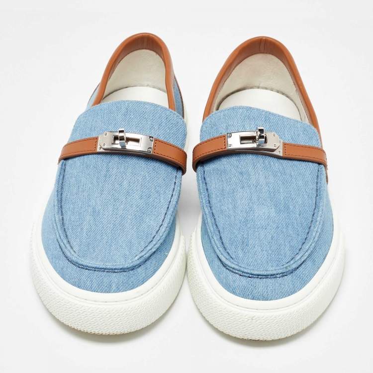 Pre Owned Hermes Blue/Brown Denim and Leather Game Slip on Sneakers Size 40
