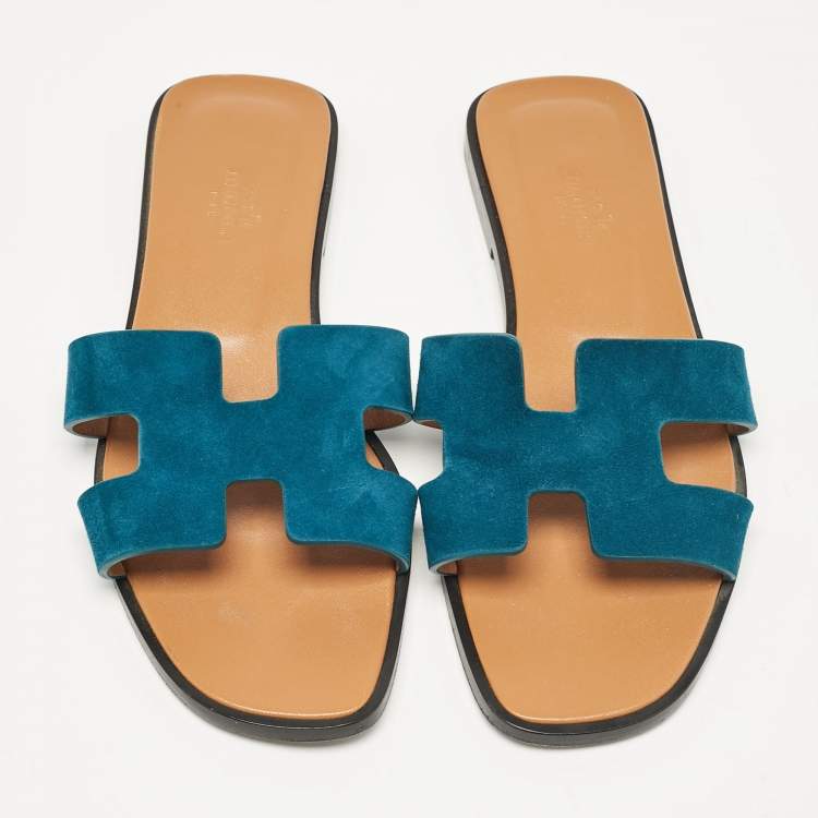 Pre Owned Hermes Green Suede Oran Flat Slides Size 38.5