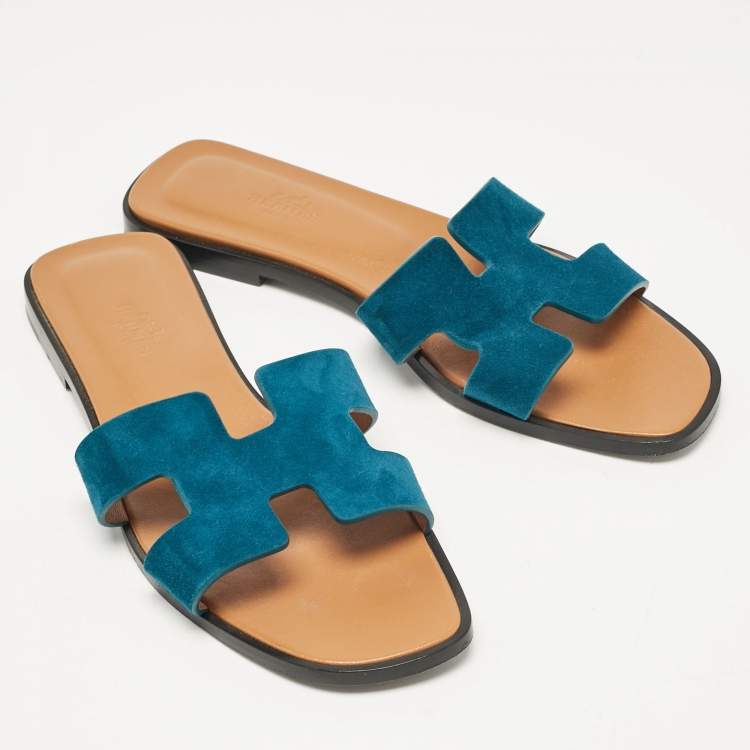 Pre Owned Hermes Green Suede Oran Flat Slides Size 38.5