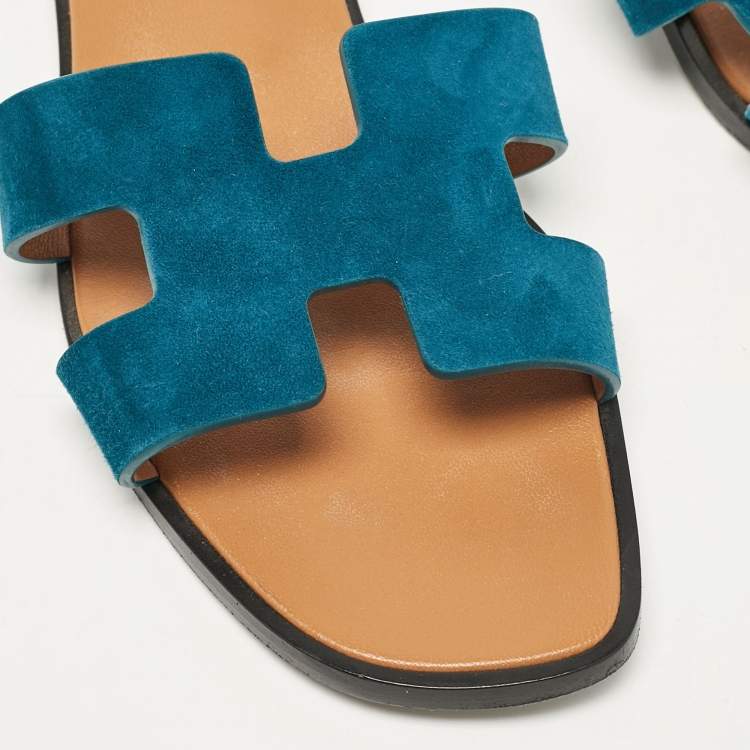 Pre Owned Hermes Green Suede Oran Flat Slides Size 38.5