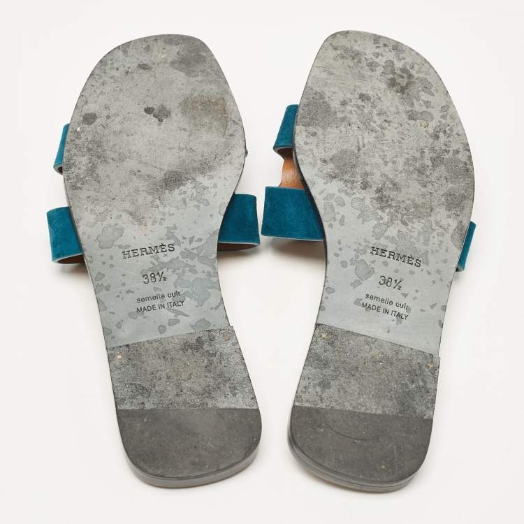 Pre Owned Hermes Green Suede Oran Flat Slides Size 38.5