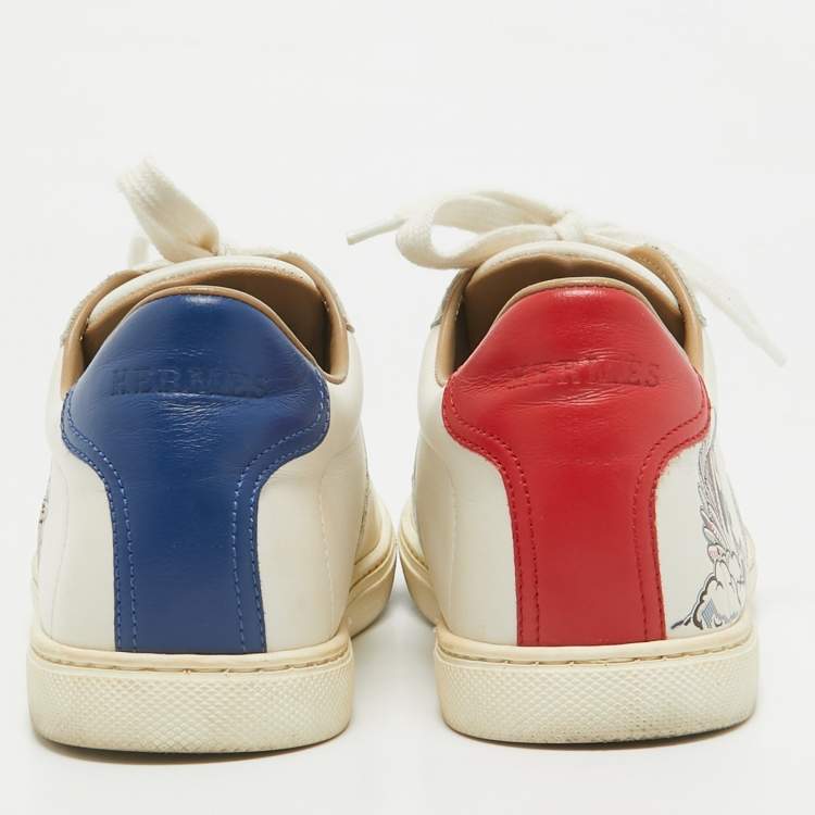 Pre Owned Hermes White Pegase Pop Print Leather Quicker Sneakers Size 37.5