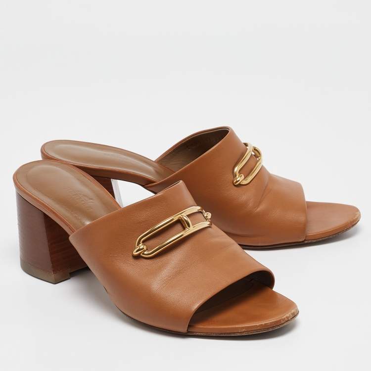Pre Owned Hermes Brown Leather Camilla Slide Sandals Size 40