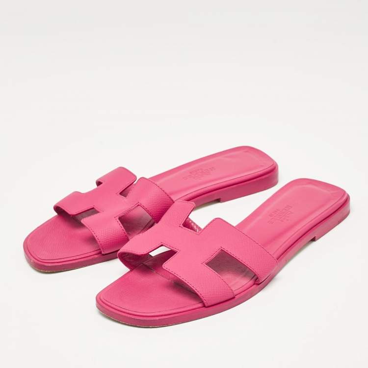 Pre Owned Hermes Pink Leather Oran Flat Slides Size 36