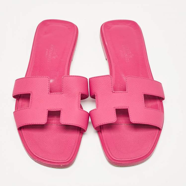 Pre Owned Hermes Pink Leather Oran Flat Slides Size 36
