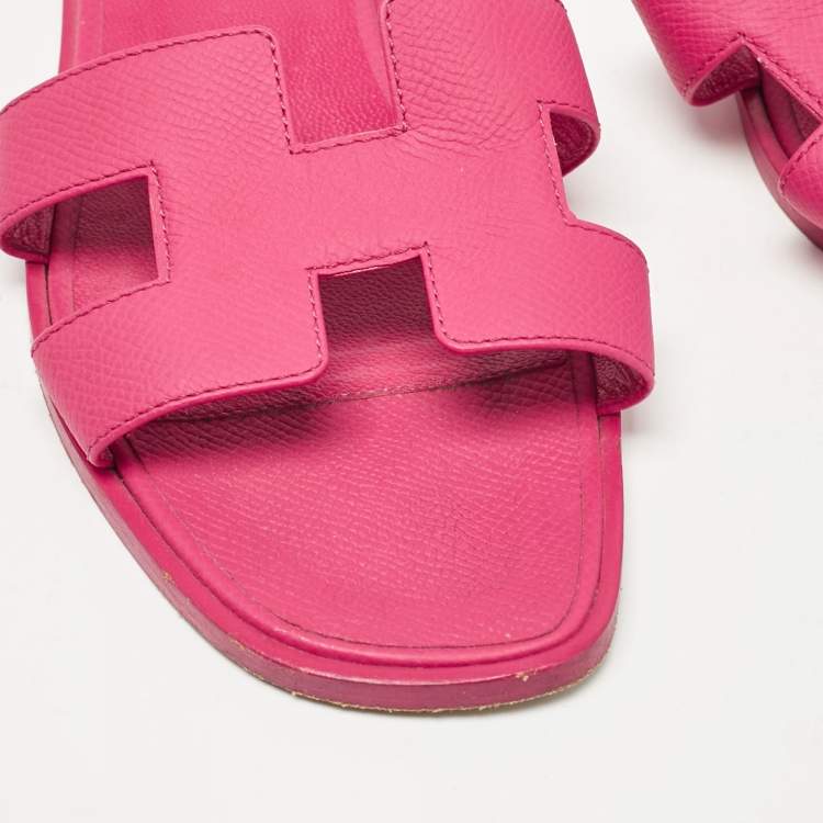 Pre Owned Hermes Pink Leather Oran Flat Slides Size 36