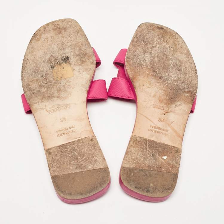 Pre Owned Hermes Pink Leather Oran Flat Slides Size 36
