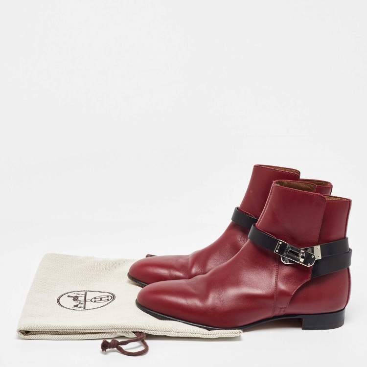 Pre Owned Hermes Burgundy/Black Leather Neo Ankle Length Boots Size 37