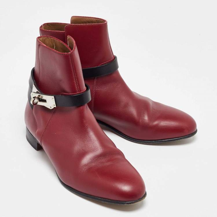Pre Owned Hermes Burgundy/Black Leather Neo Ankle Length Boots Size 37