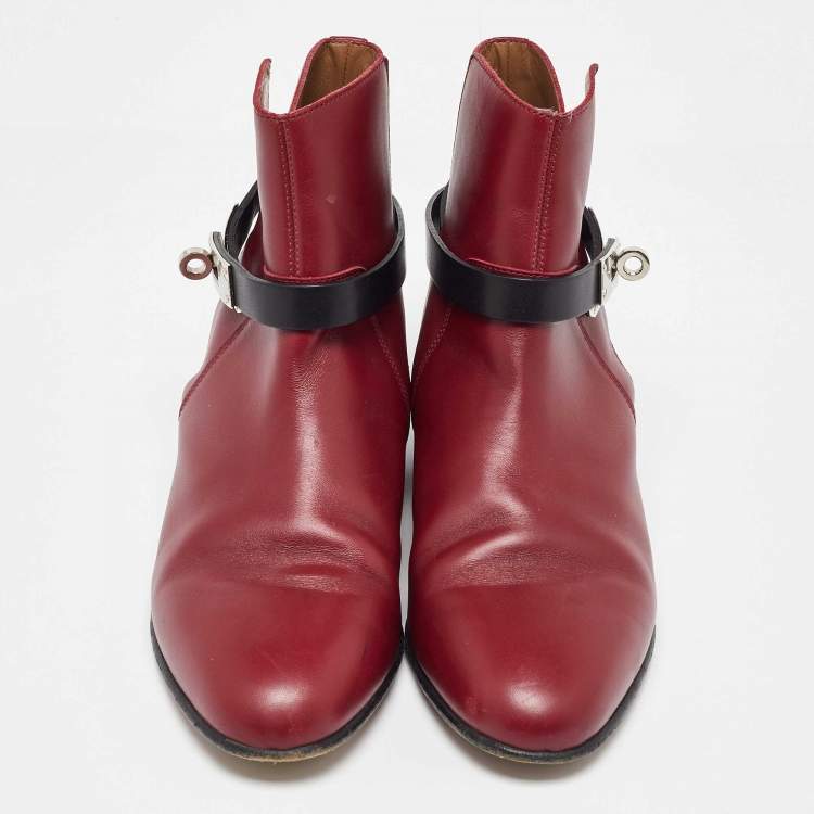 Pre Owned Hermes Burgundy/Black Leather Neo Ankle Length Boots Size 37
