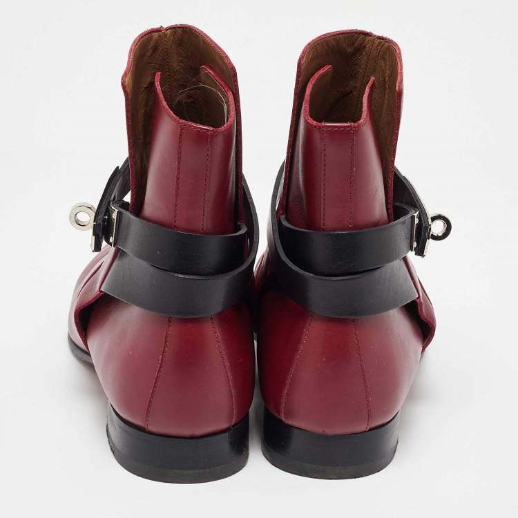 Pre Owned Hermes Burgundy/Black Leather Neo Ankle Length Boots Size 37