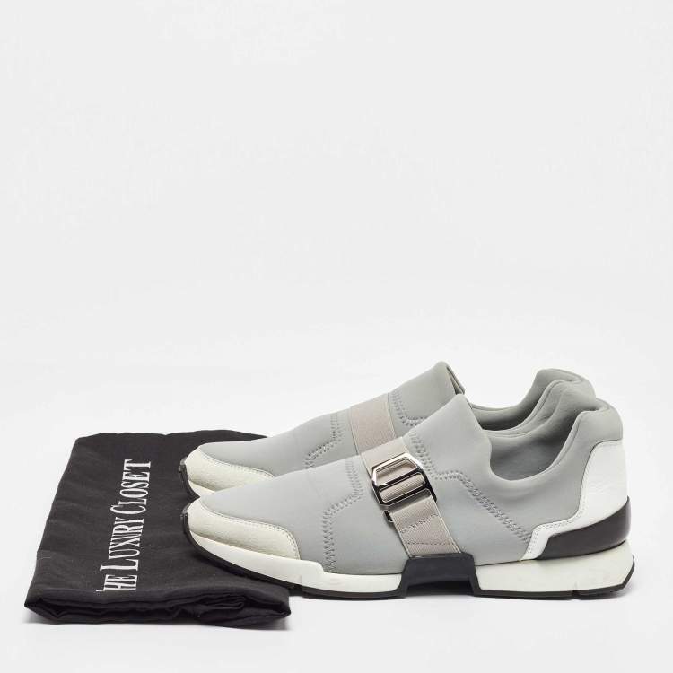 Pre Owned Hermes Light Grey Neoprene and Leather Slip On Sneakers Size 37