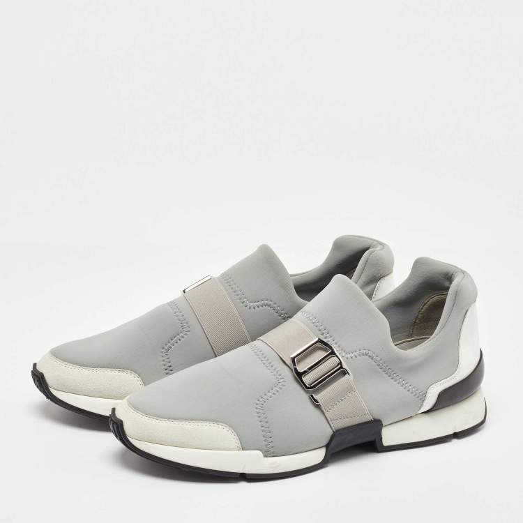 Pre Owned Hermes Light Grey Neoprene and Leather Slip On Sneakers Size 37