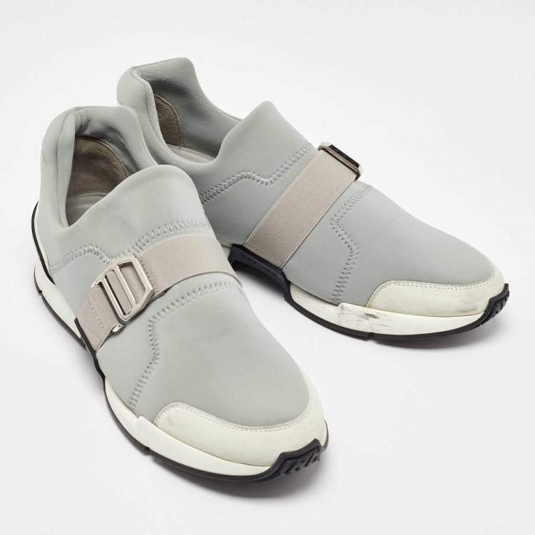 Pre Owned Hermes Light Grey Neoprene and Leather Slip On Sneakers Size 37
