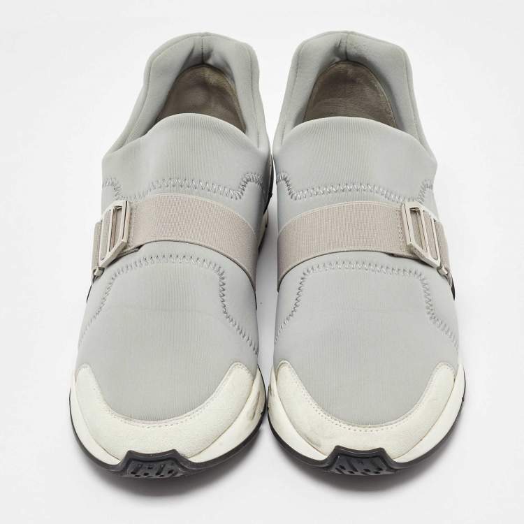 Pre Owned Hermes Light Grey Neoprene and Leather Slip On Sneakers Size 37