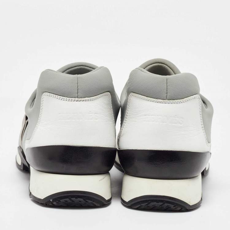Pre Owned Hermes Light Grey Neoprene and Leather Slip On Sneakers Size 37