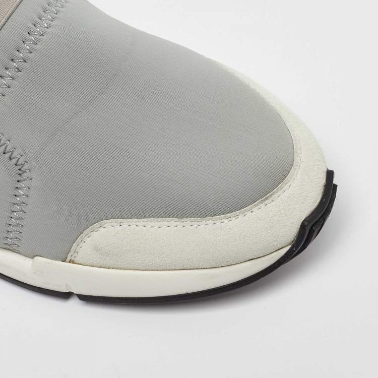 Pre Owned Hermes Light Grey Neoprene and Leather Slip On Sneakers Size 37