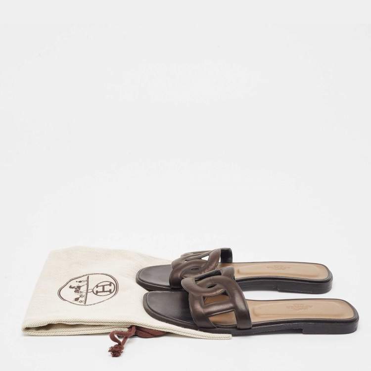 Pre Owned Hermes Brown Leather Aloha Flat Slides Size 36