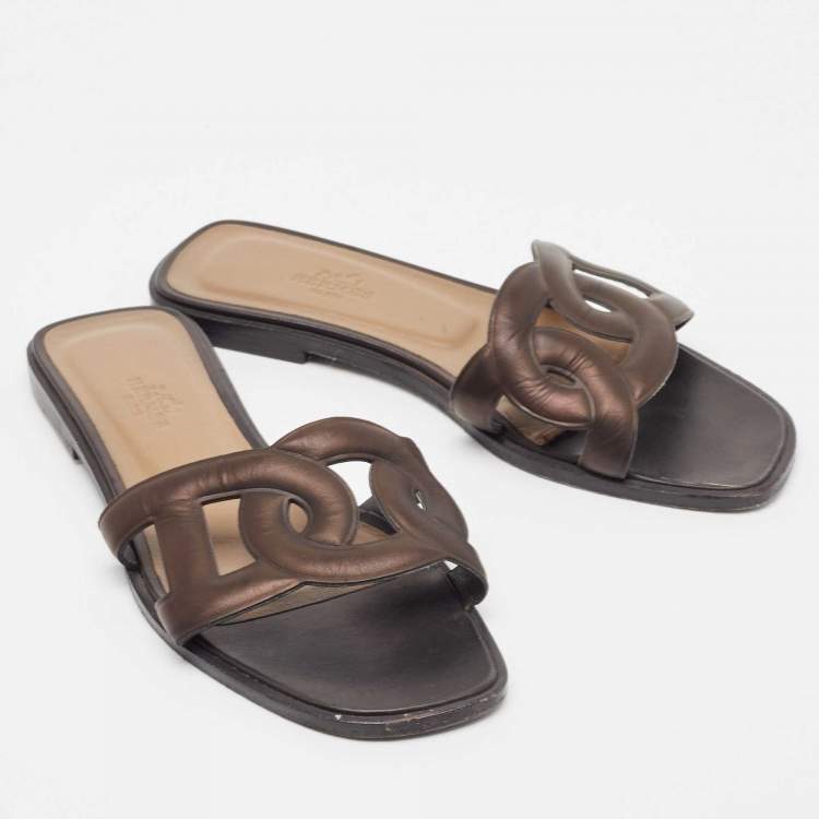 Pre Owned Hermes Brown Leather Aloha Flat Slides Size 36