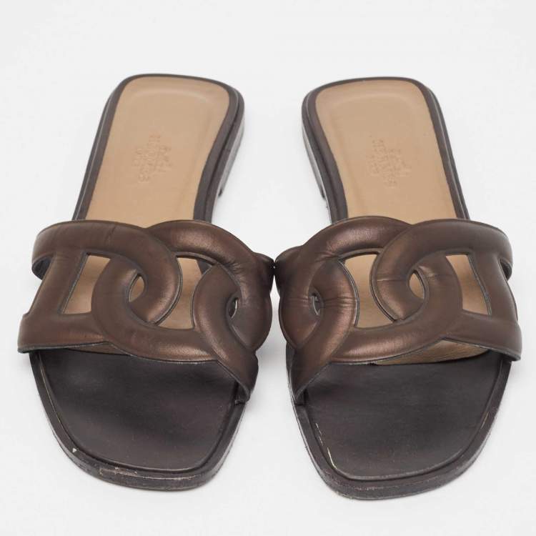 Pre Owned Hermes Brown Leather Aloha Flat Slides Size 36