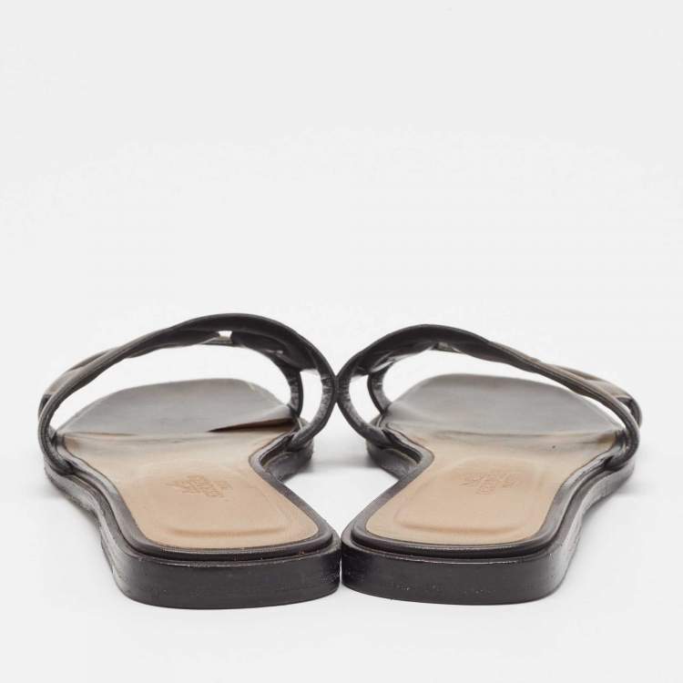 Pre Owned Hermes Brown Leather Aloha Flat Slides Size 36