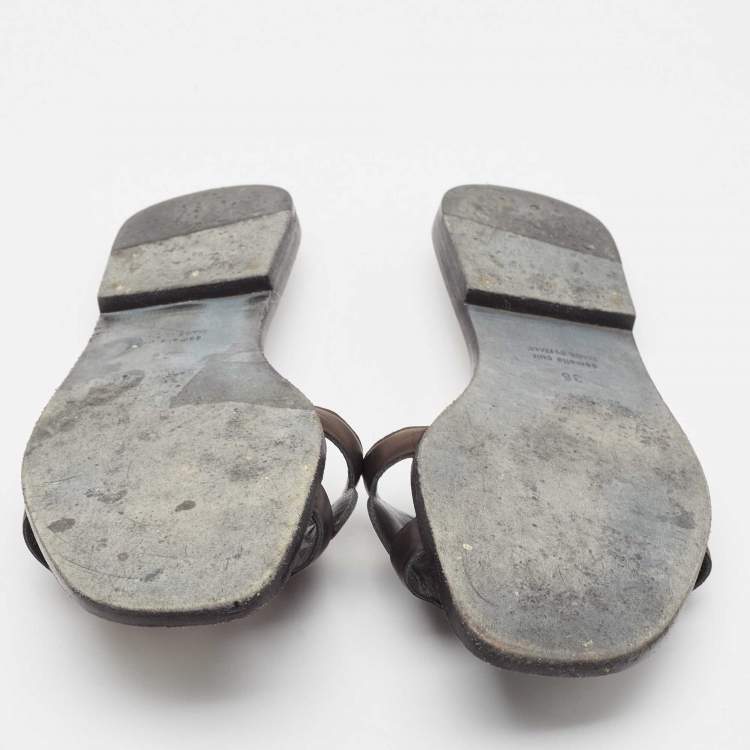 Pre Owned Hermes Brown Leather Aloha Flat Slides Size 36