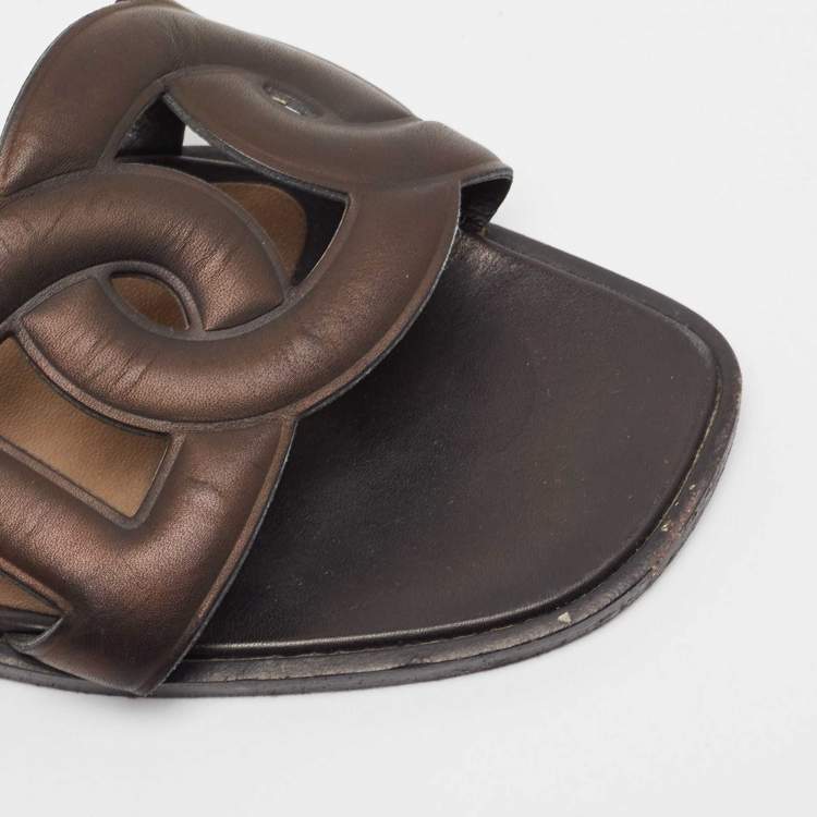Pre Owned Hermes Brown Leather Aloha Flat Slides Size 36