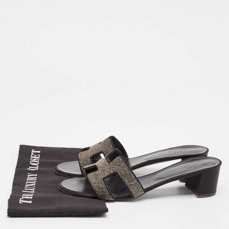 Pre Owned Hermes Silver/Black Glitter and Satin Oasis Slide Sandals Size 41
