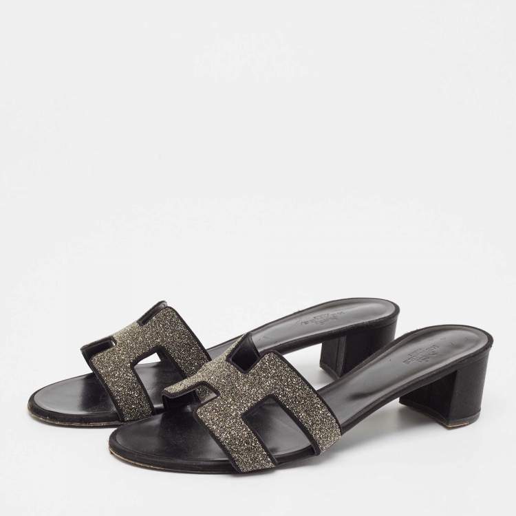 Pre Owned Hermes Silver/Black Glitter and Satin Oasis Slide Sandals Size 41