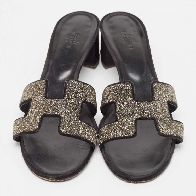 Pre Owned Hermes Silver/Black Glitter and Satin Oasis Slide Sandals Size 41