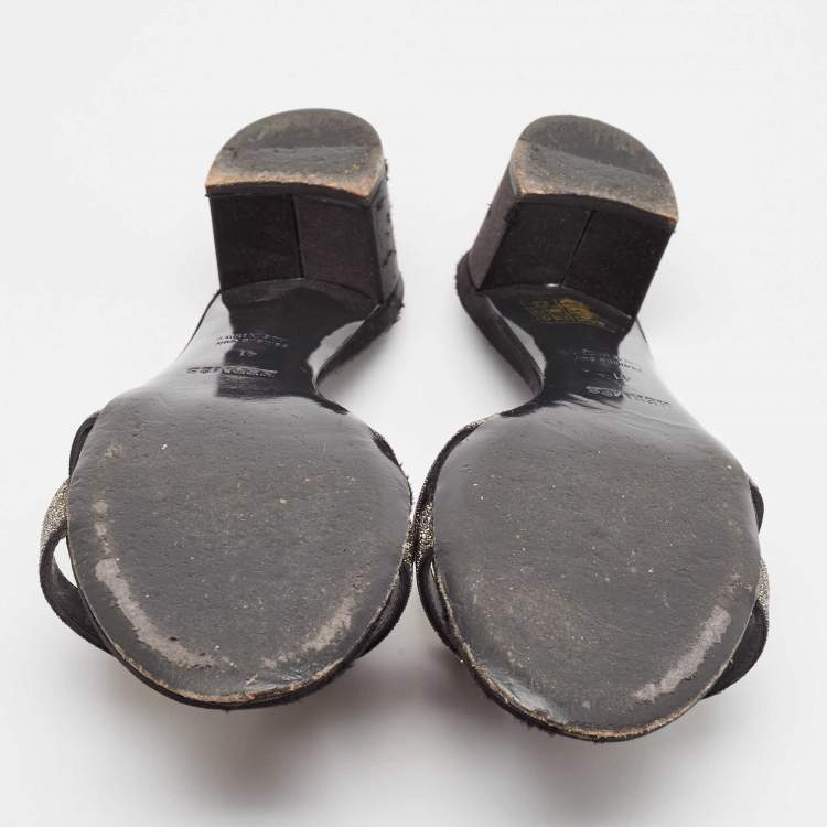 Pre Owned Hermes Silver/Black Glitter and Satin Oasis Slide Sandals Size 41