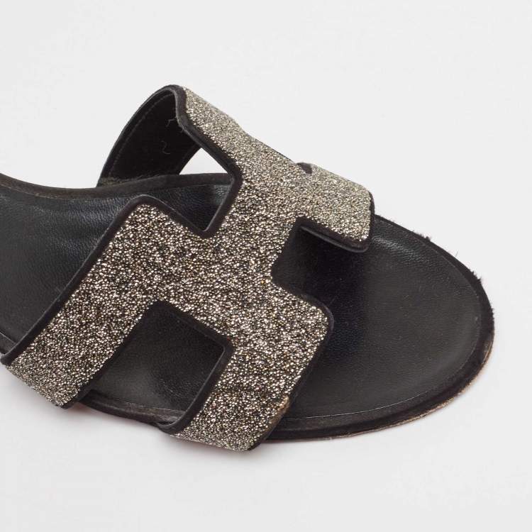 Pre Owned Hermes Silver/Black Glitter and Satin Oasis Slide Sandals Size 41