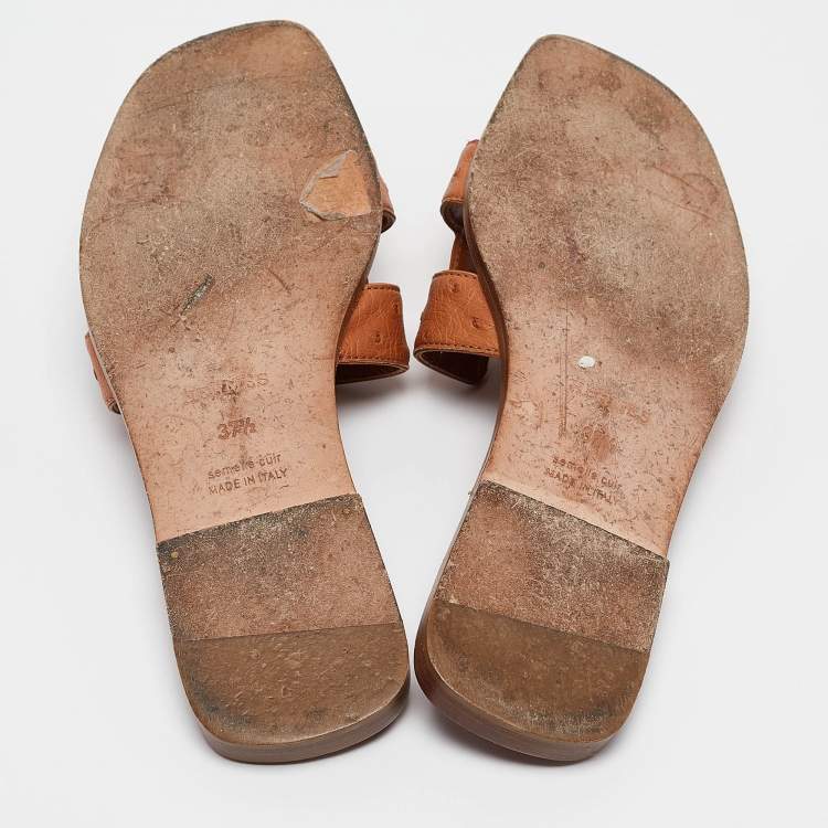 Pre Owned Hermes Brown Ostrich Leather Oran Flat Slides Size 37.5