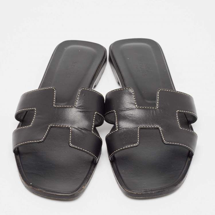 Pre Owned Hermes Black Leather Oran Flat Slides Size 38