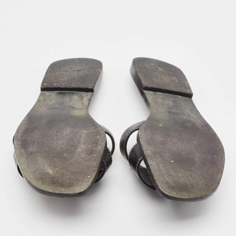 Pre Owned Hermes Black Leather Oran Flat Slides Size 38