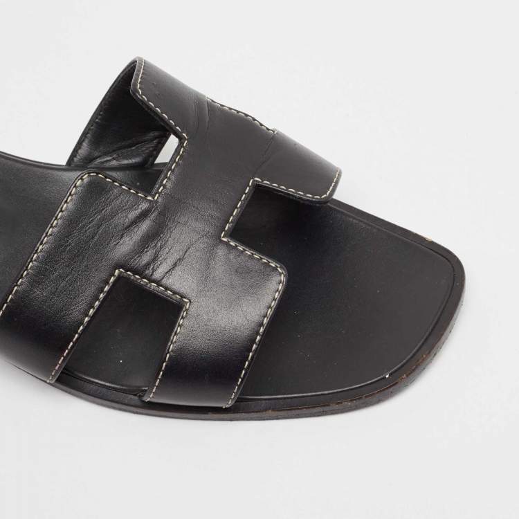 Pre Owned Hermes Black Leather Oran Flat Slides Size 38