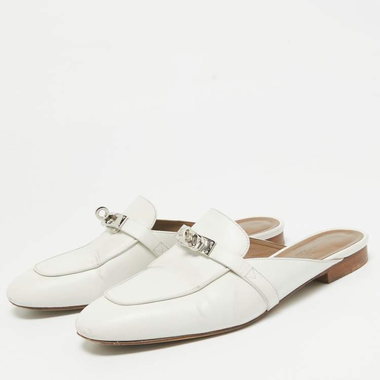 Pre Owned Hermes White Leather Oz Mules Size 38.5
