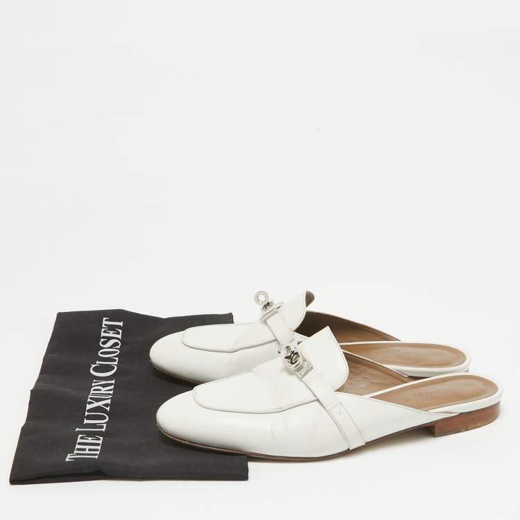 Pre Owned Hermes White Leather Oz Mules Size 38.5