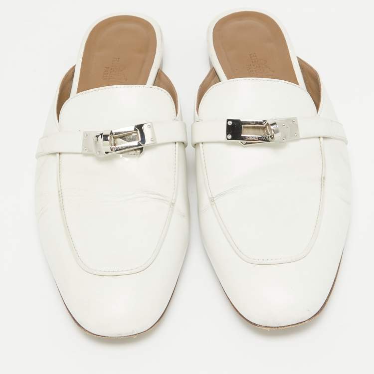 Pre Owned Hermes White Leather Oz Mules Size 38.5