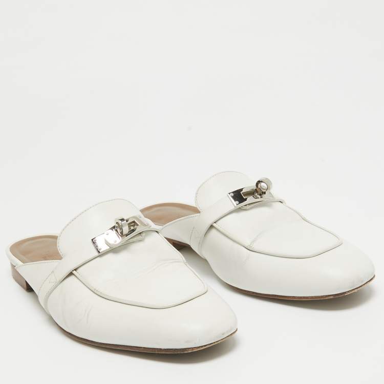 Pre Owned Hermes White Leather Oz Mules Size 38.5
