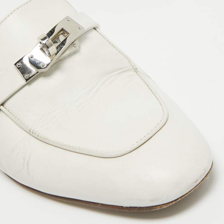 Pre Owned Hermes White Leather Oz Mules Size 38.5