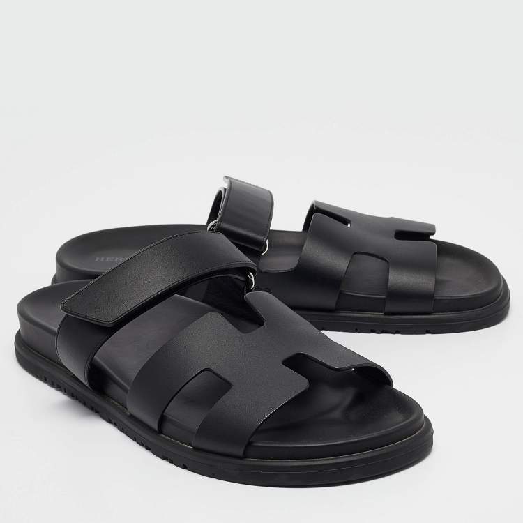 Pre Owned Hermes Black Leather Chypre Flat Sandals Size 40